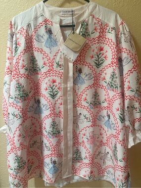 Cherrybetty Printed Button-Front Top in White with Red & Green Accents